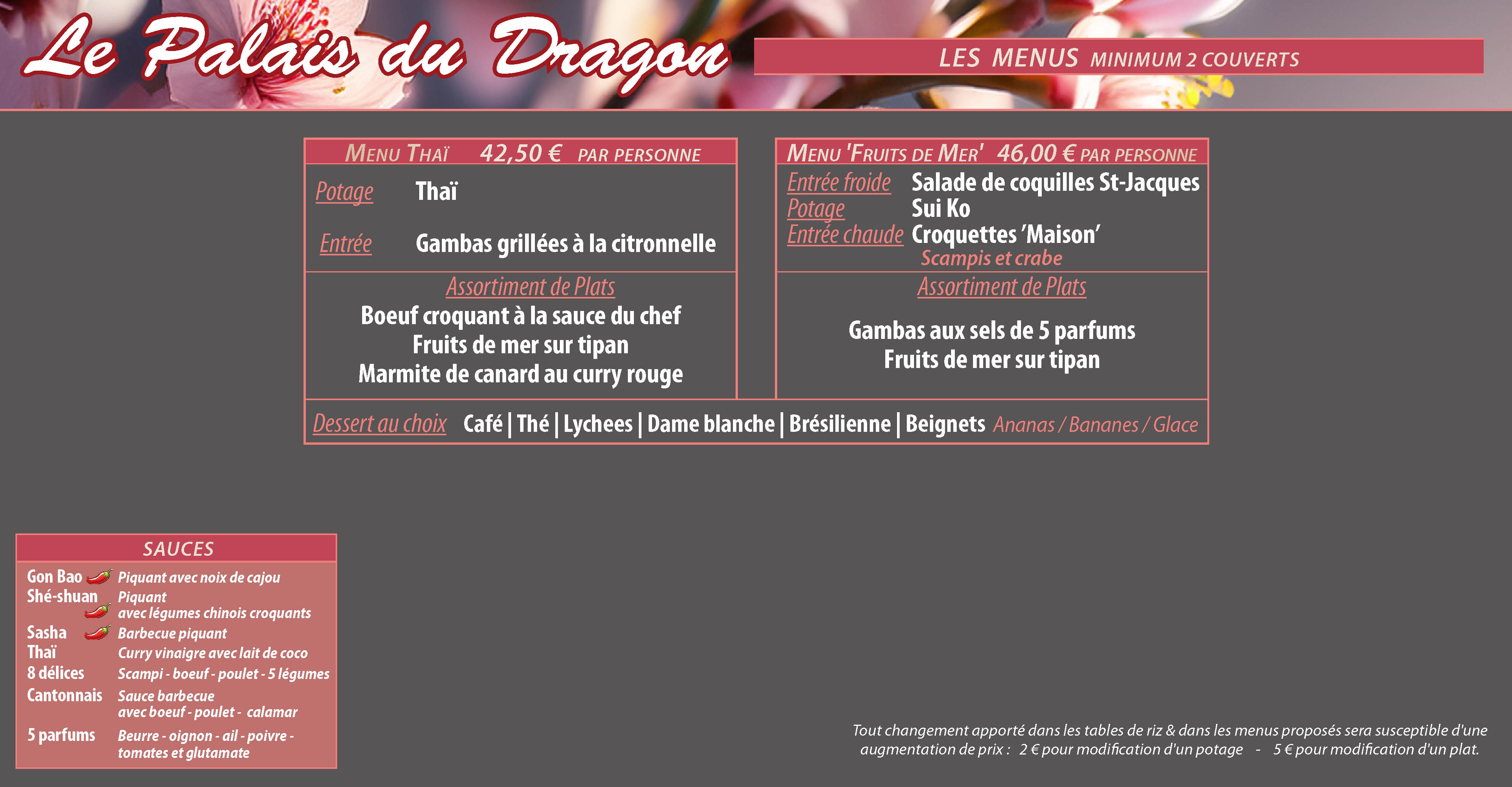Les Menus - 2 personnes minimum