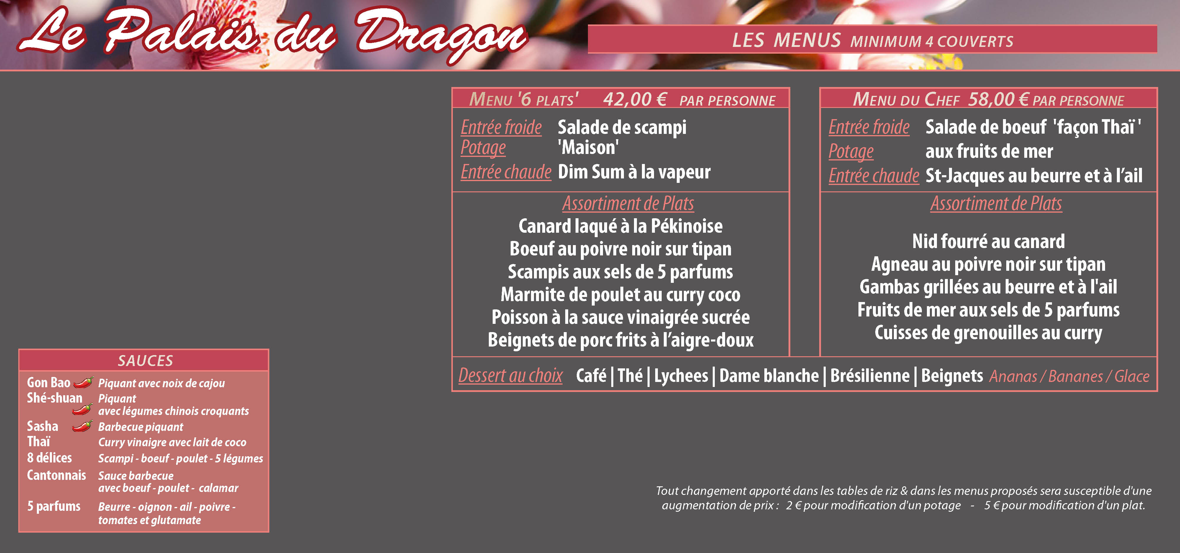 Les Menus - 4 personnes minimum